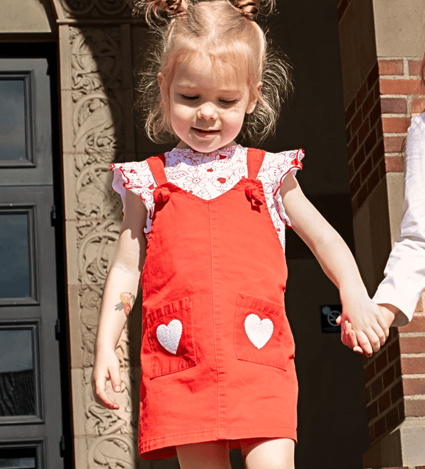 RED FLOWER FUN SEQUIN HEARTS OVERALL DRESS