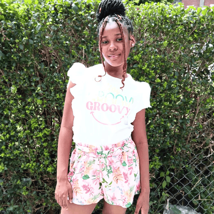 FLORAL BOW SHORT SET WITH GLITTER WHITE RUFFLE T-SHIRT - GIRLS 2 PIECE OUTFITS - Little Betty