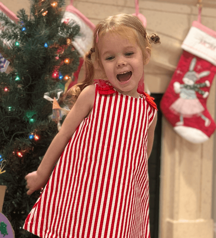RED STRIPED SHOULDER BOW DRESS FOR BABY GIRL - Little Betty