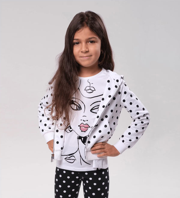 A GIRL HOODIE COTTON POLKA DOT TULLE-LINED - White with black - Little Betty