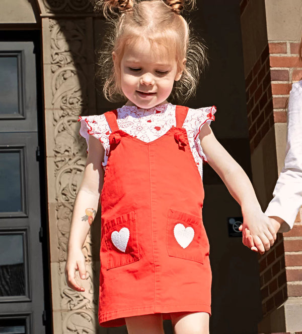 RED FLOWER FUN SEQUIN HEARTS OVERALL DRESS - BABY GIRL OVERALLS - red - Little Betty
