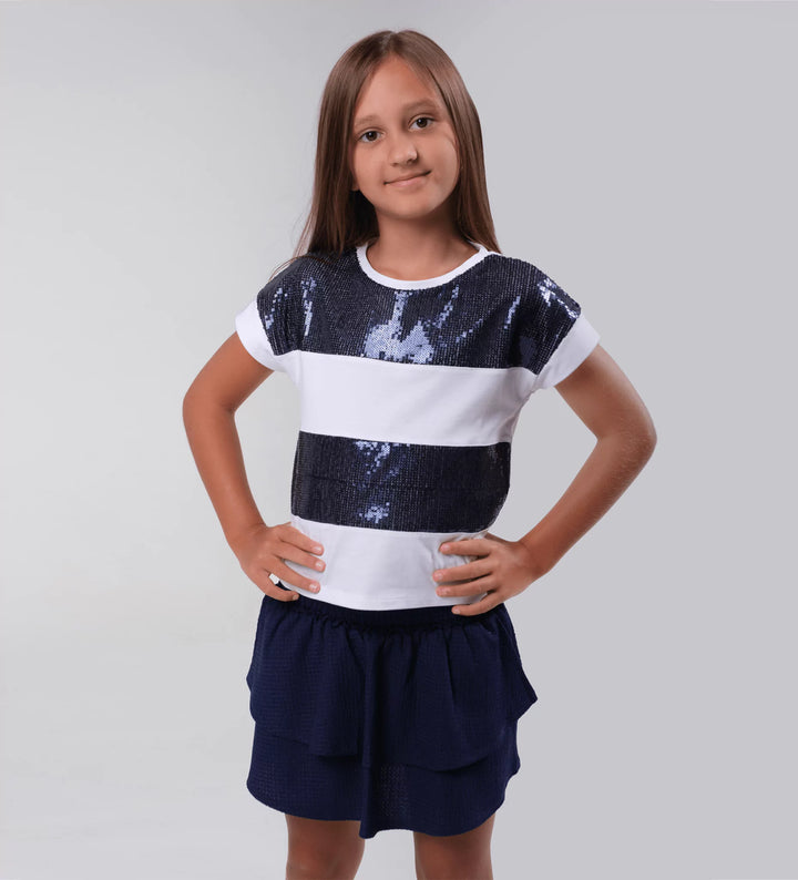 WHITE WITH NAVY SEQUINS GLAM GIRLS SHORT SLEEVE SHIRTS - Little Betty