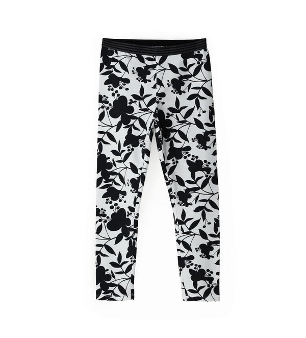 BLACK & WHITE FLORAL GIRLS COZY LEGGINGS IN STRETCH COTTON