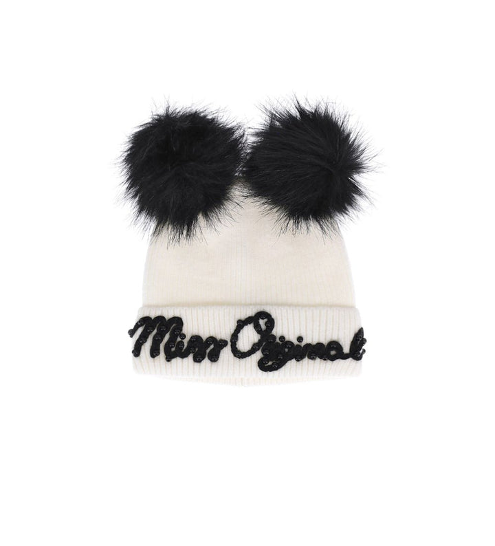BLACK & WHITE POMPON BEANIE - GIRLS HATS- Little Betty