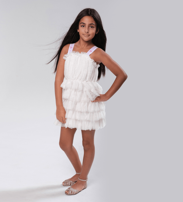 ELEGANT WHITE JACQUARD WAIST TULLE MAGICAL GIRL DRESS TO IMPRESS - Little Betty