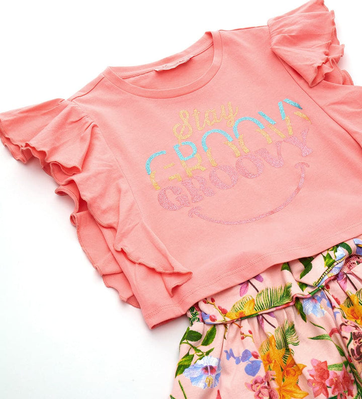 FLORAL BOW SHORT SET WITH GLITTER PINK RUFFLE T-SHIRT - GIRLS 2 PIECE SET - Little Betty