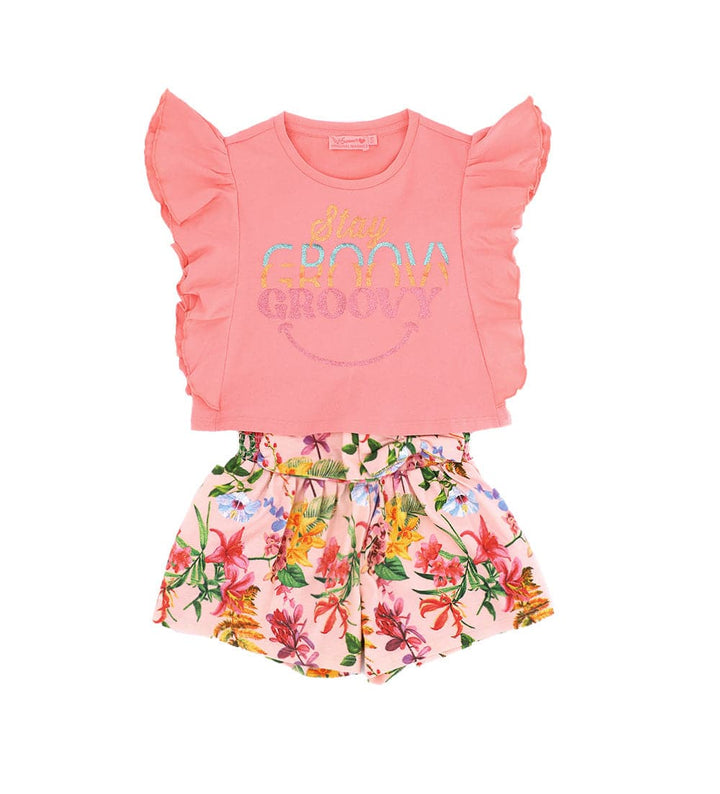FLORAL BOW SHORT SET WITH GLITTER PINK RUFFLE T-SHIRT - GIRLS 2 PIECE SET - Little Betty
