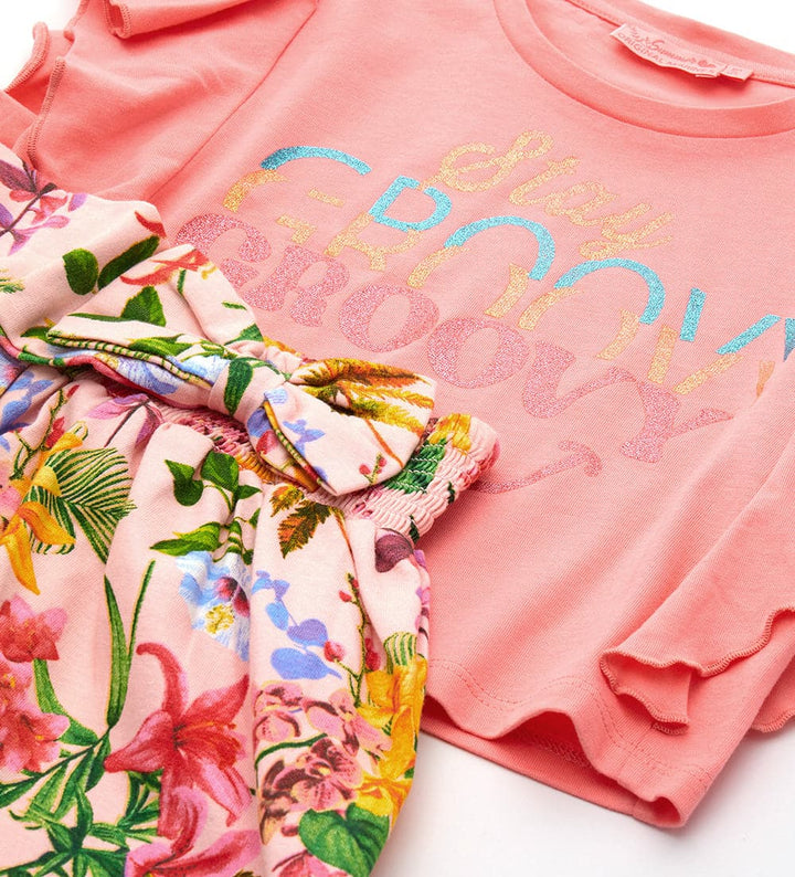 FLORAL BOW SHORT SET WITH GLITTER PINK RUFFLE T-SHIRT - GIRLS 2 PIECE SET - Little Betty