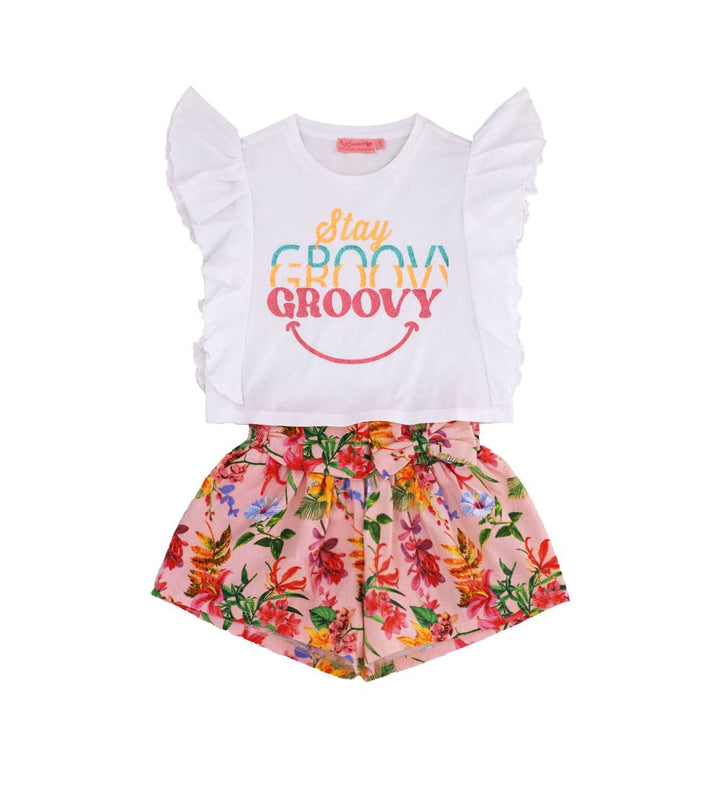 FLORAL BOW SHORT SET WITH GLITTER WHITE RUFFLE T-SHIRT - GIRLS 2 PIECE OUTFITS