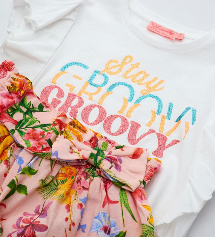 FLORAL BOW SHORT SET WITH GLITTER WHITE RUFFLE T-SHIRT - GIRLS 2 PIECE OUTFITS