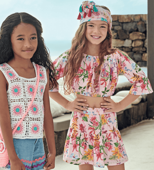 FLOWER PRINTED TIERED GIRLS PINK SKIRT - Little Betty