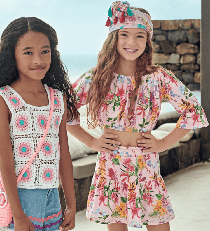 FLOWER PRINTED TIERED GIRLS PINK SKIRT - Little Betty