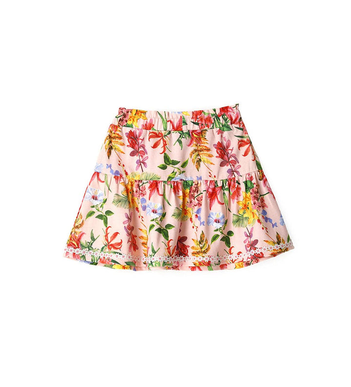 FLOWER PRINTED TIERED GIRLS PINK SKIRT - Little Betty