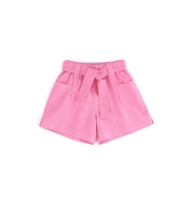 HIGH RISE PINK LINEN BELTED SHORTS FOR GIRLS - Little Betty