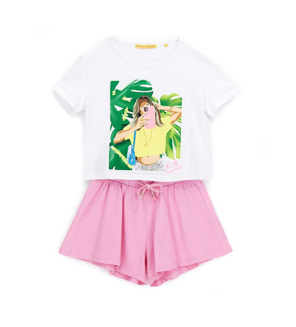 LOVE SUMMER PINK GLITTER CROP TOP & SHORTS SET - GIRLS OUTFIT SETS - Little Betty