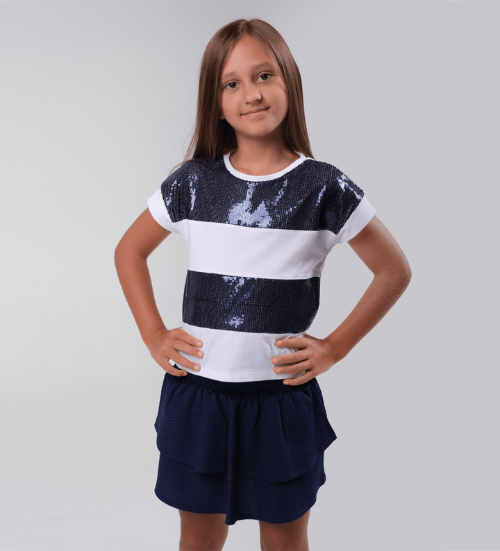 NAVY GIRLS RUFFLE SKIRT WITH ELASTIC WAIST - Little Betty