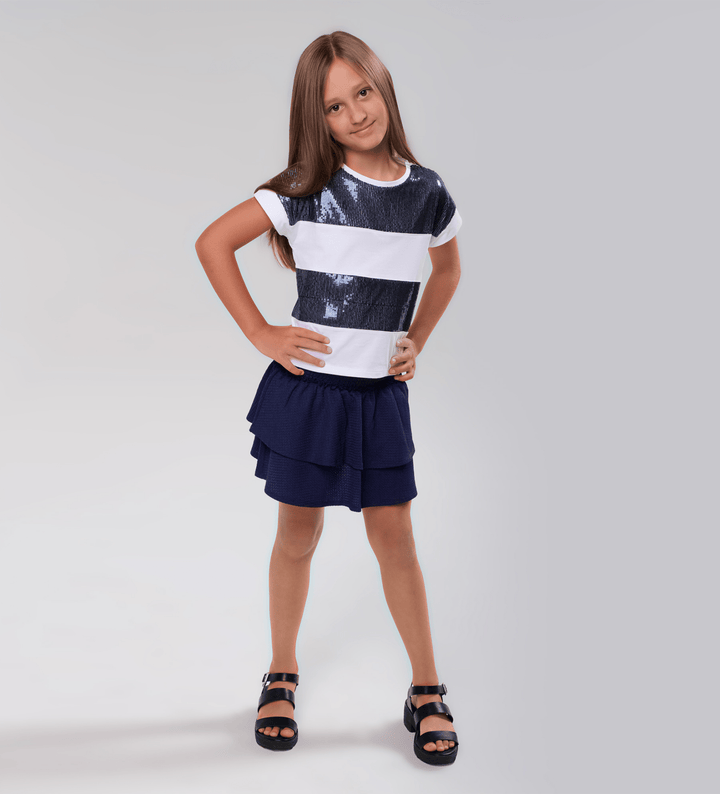 NAVY GIRLS RUFFLE SKIRT WITH ELASTIC WAIST - Little Betty