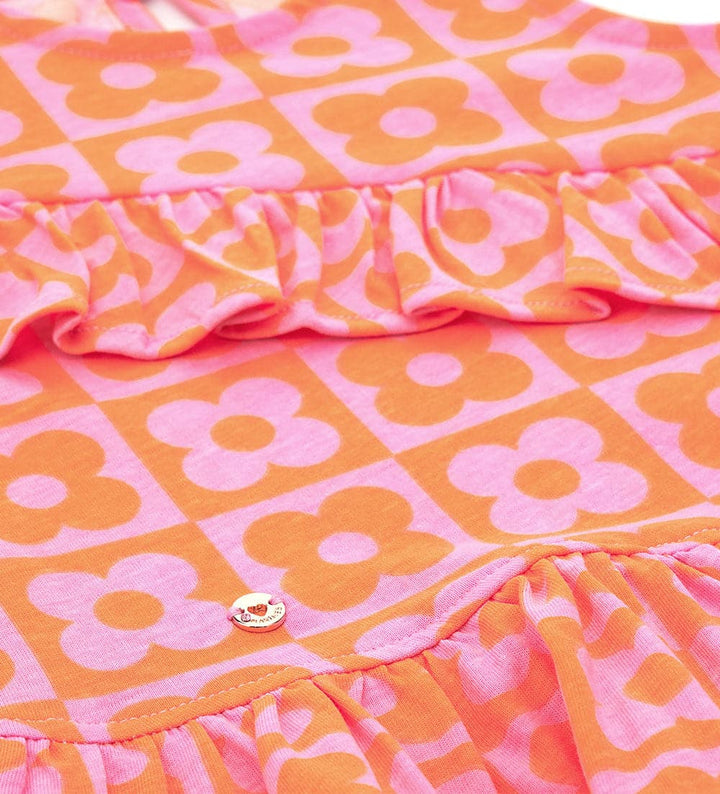PINK/ORANGE FLOWER-PRINTED AND RUFFLES COTTON DRESS FOR BABY GIRL - Little Betty