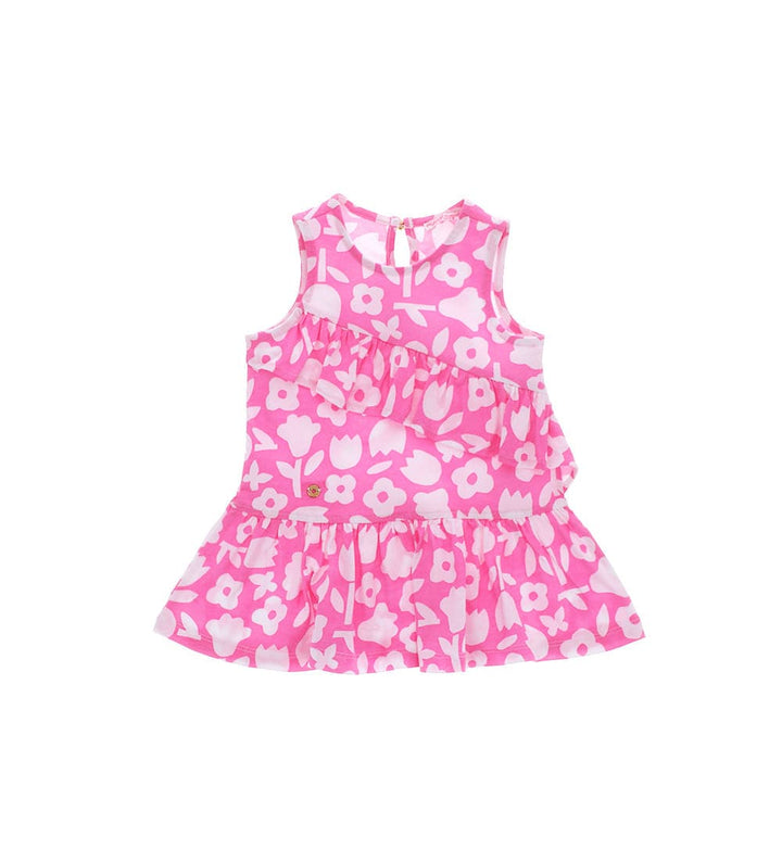PINK/ORANGE FLOWER-PRINTED AND RUFFLES COTTON DRESS FOR BABY GIRL - Little Betty