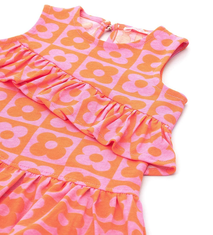 PINK/ORANGE FLOWER-PRINTED AND RUFFLES COTTON DRESS FOR BABY GIRL - Little Betty