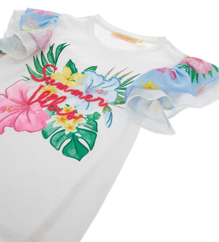 SUMMER VIBES FLOWER RUFFLE GIRLS TEE - Little Betty