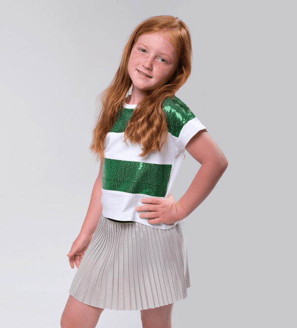 WHITE WITH GREEN SEQUINS GLAM GIRLS T-SHIRTS - Little Betty