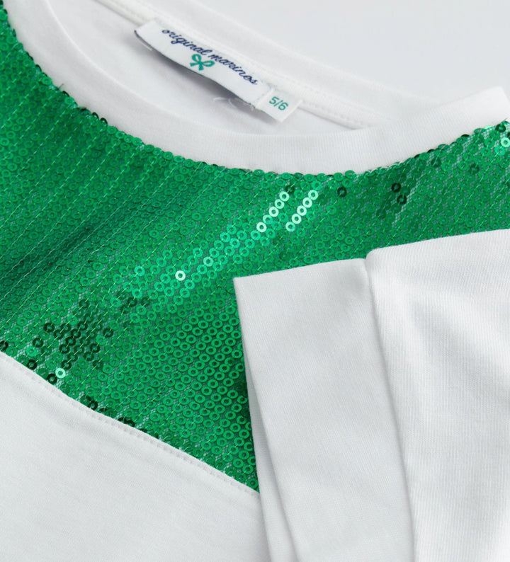 WHITE WITH GREEN SEQUINS GLAM GIRLS T-SHIRTS - Little Betty