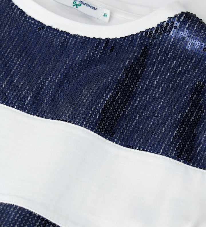 WHITE WITH NAVY SEQUINS GLAM GIRLS SHORT SLEEVE SHIRTS - Little Betty
