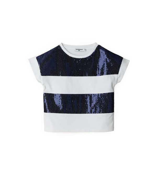 WHITE WITH NAVY SEQUINS GLAM GIRLS SHORT SLEEVE SHIRTS - Little Betty