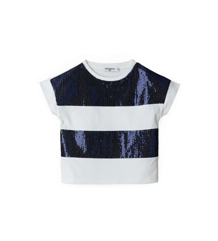 WHITE WITH NAVY SEQUINS GLAM GIRLS SHORT SLEEVE SHIRTS - Little Betty