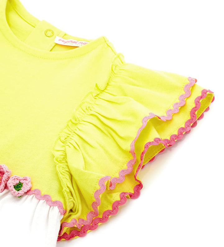 COTTON PINK-WHITE-YELLOW DRESS WITH RUFFLES - Little Betty