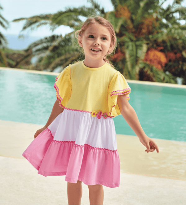 COTTON PINK-WHITE-YELLOW DRESS WITH RUFFLES - Little Betty