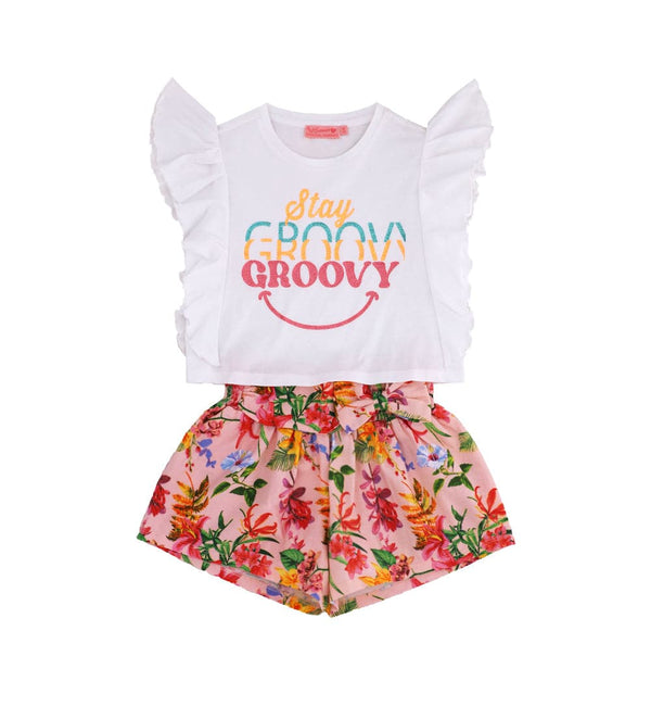 FLORAL BOW SHORT SET WITH GLITTER WHITE RUFFLE T-SHIRT - Little Betty