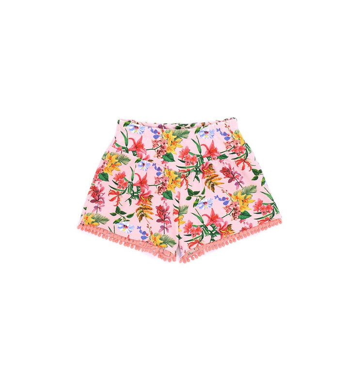 FLOWER PRINT ELASTIC WAIST FLARED SHORTS WITH COTTON TRIMS - Little Betty