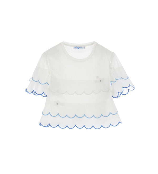 JERSEY T-SHIRT WITH BLUE SCALLOPED EDGES AND VISCOSE EMBROIDERY - Little Betty