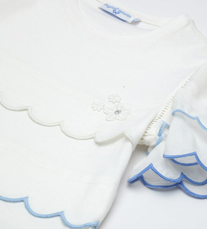 JERSEY T-SHIRT WITH BLUE SCALLOPED EDGES AND VISCOSE EMBROIDERY - Little Betty
