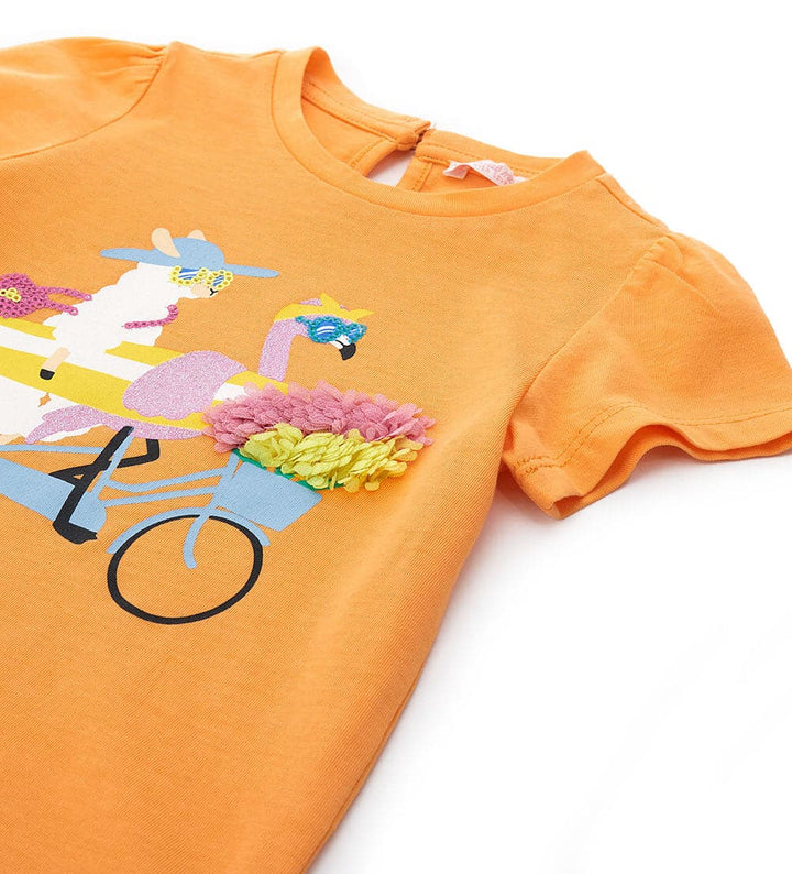 ORANGE SHORT-SLEEVED COTTON T-SHIRT WITH APPLICATION - Little Betty