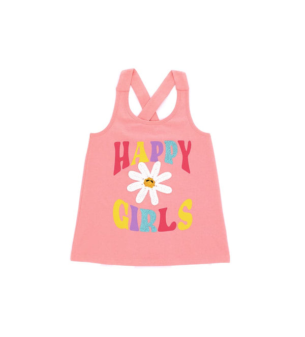 PINK GLITTER PRINT AND FLOWER CROCHET APPLIQUÉ TANK TOP - Little Betty