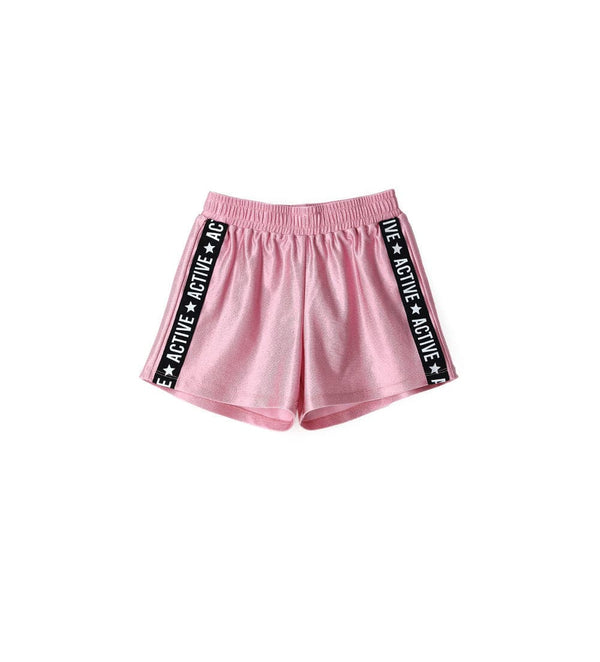 PINK LAMINATED SHINY SHIMMER ELASTIC WAIST SHORTS - Little Betty