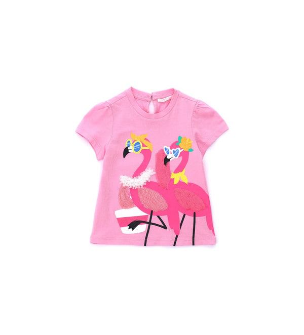 PINK SHORT-SLEEVED COTTON T-SHIRT WITH APPLICATION - Little Betty